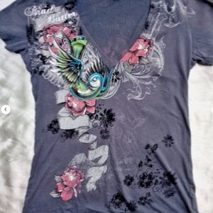 Vintage Y2K Brad Butter sparrow tattoo print women's v-neck shirt szM NWOT